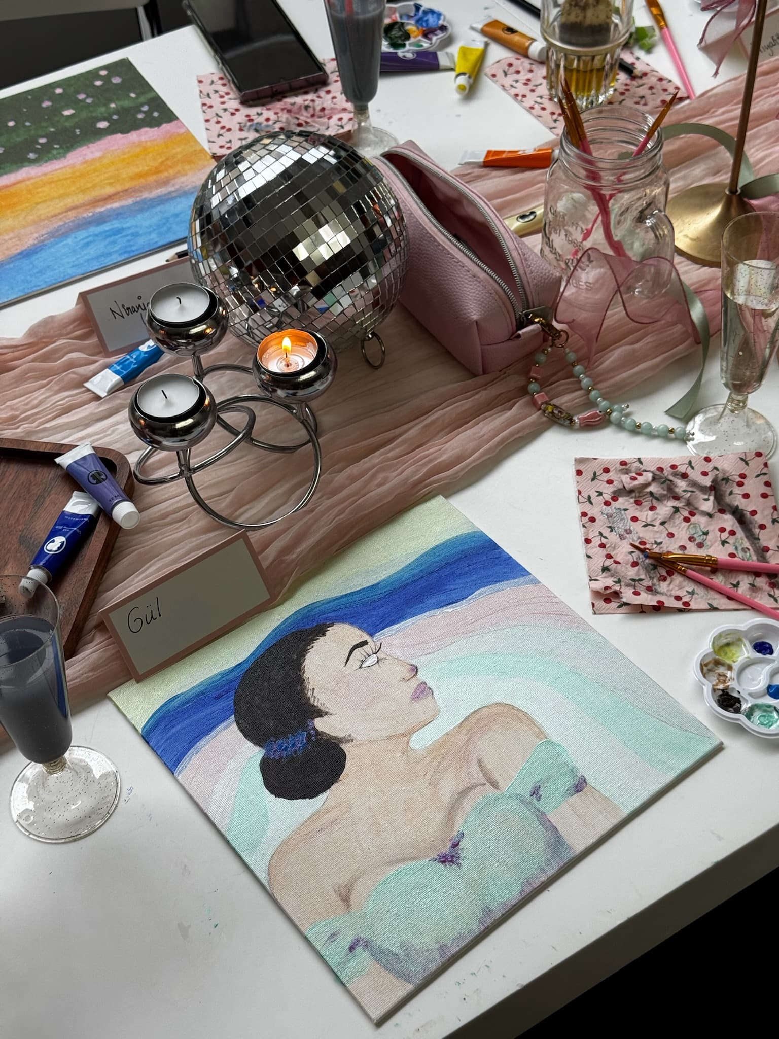 Wine glasses, place cards and paint tubes — The Link, Rotterdam